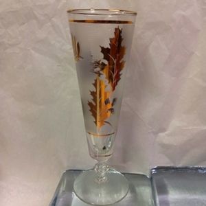 6 Libbey Pilsner Glasses Clear Gold Leaf Etchings Flute Style Vintage